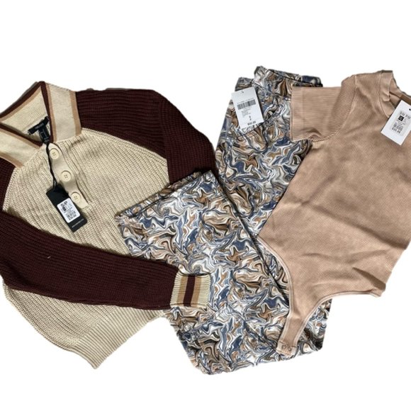Forever 21 Pants - Marble Canvas Pant Bundle with Crew neck bodysuit & sweater knit top. Small NWT